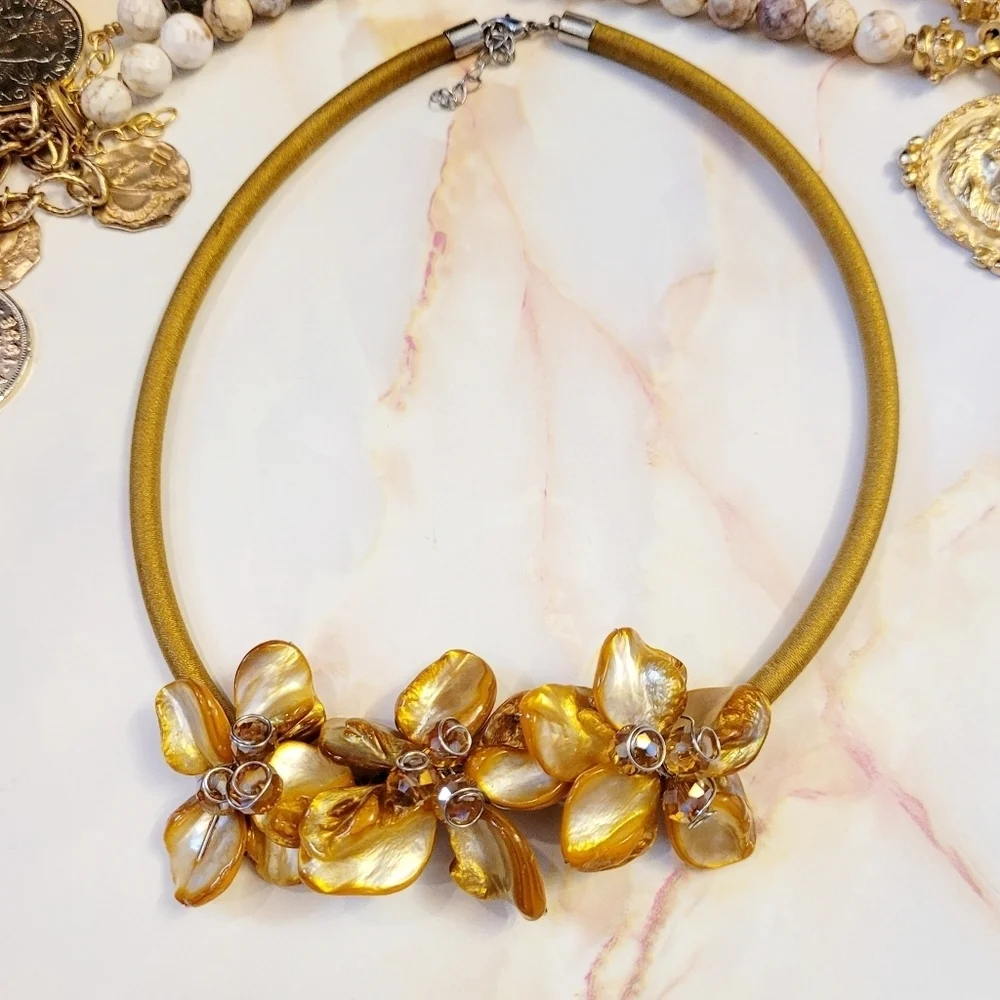 Vintage Handcrafted Golden Dahlia Flower Crystal Beaded Silk Statement N…